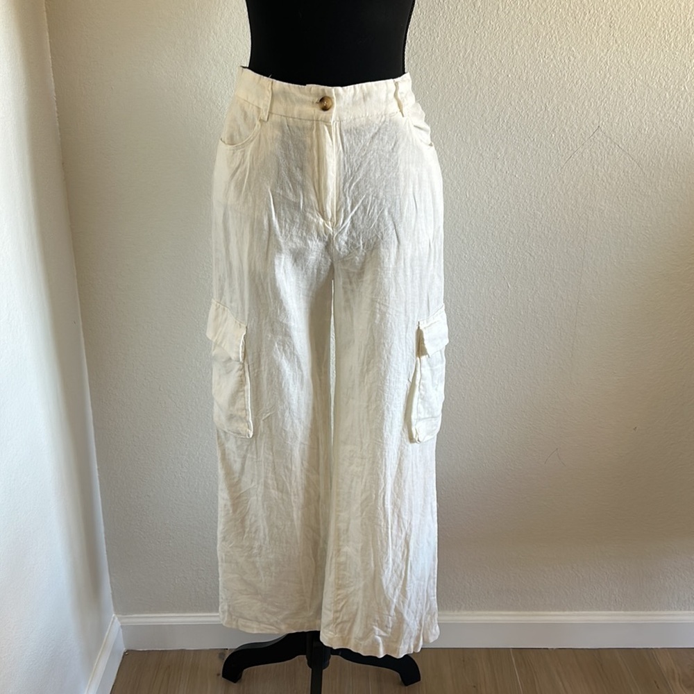 NWT White Linen Cargo Pants Size Medium - Picture 2 of 13